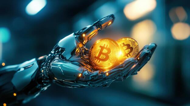 bitcoin en mano de robot con borroso antecedentes foto