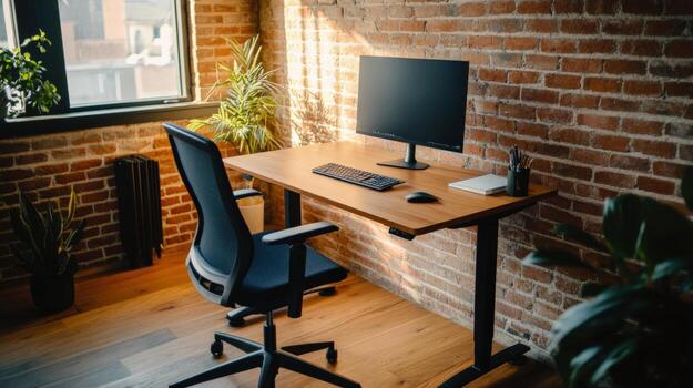 a desk with a computer and chair in front of a brick wall photo