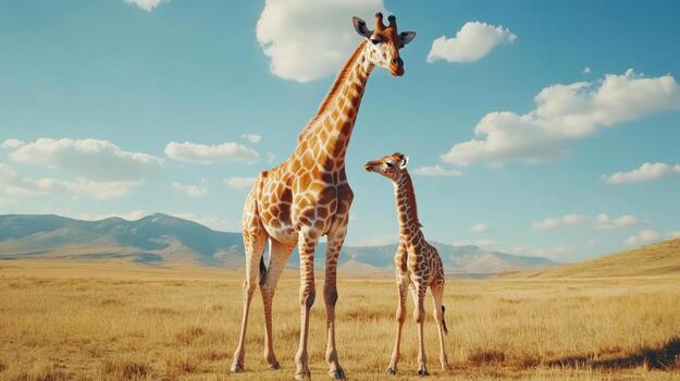 two giraffes standing in the middle of a field photo