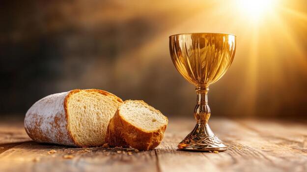 bread and chalice on wooden table with sunlight photo