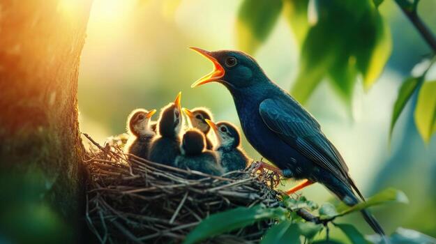 mother bird with her babies in the nest photo