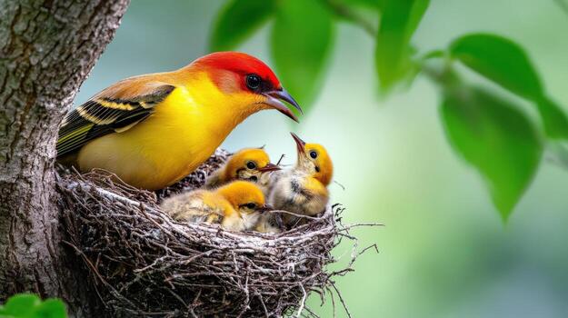 a mother bird with her babies in a nest photo