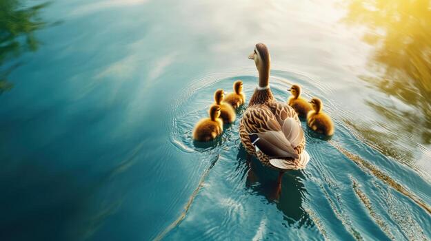 a duck with her ducklings swimming in the water photo
