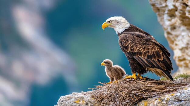 a bald eagle and its young are standing on a cliff photo
