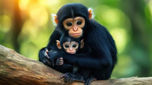 a baby monkey and its mother are sitting on a tree branch photo