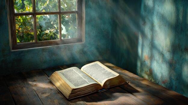 an open bible on a wooden table in front of a window photo