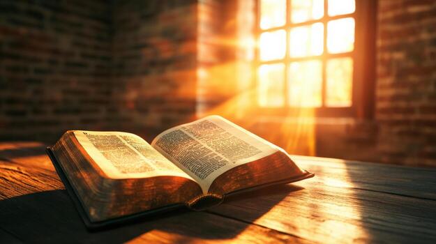 un abierto Biblia en un de madera mesa en frente de un ventana con luz de sol foto