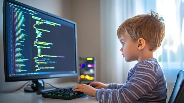 a young boy is sitting at a desk with a computer screen photo