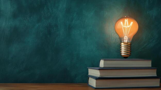a light bulb is on top of a stack of books photo