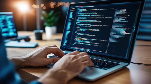 a person is typing on a laptop with code on it photo