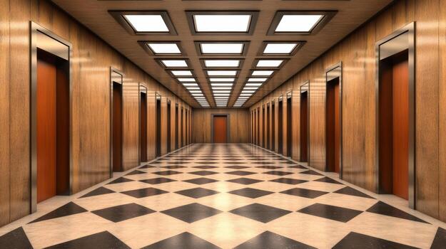 an elevator hallway with wooden walls and a checkered floor photo
