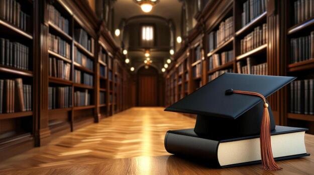 a graduation cap sits on top of a stack of books photo