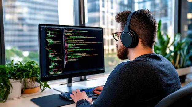 a man wearing headphones working on a computer photo