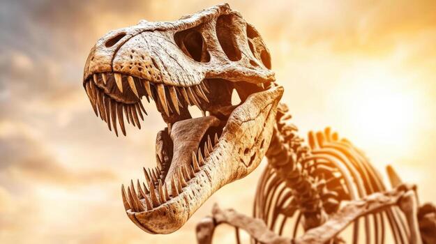 a dinosaur skeleton is shown in front of a sunset photo