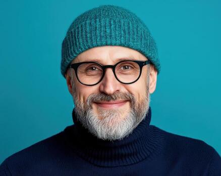 a man with glasses and a beard wearing a sweater and a hat photo
