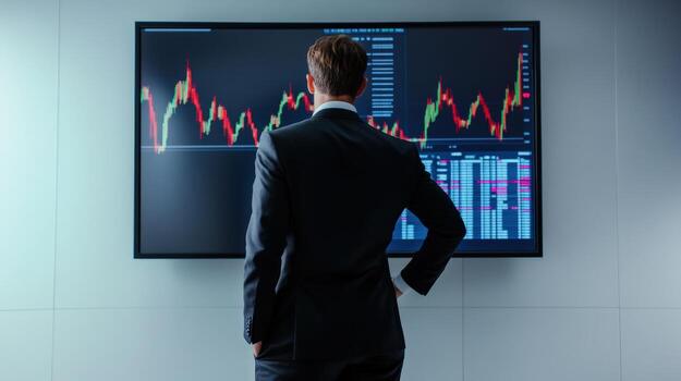 a man in a suit looking at a screen with stock market graphs photo