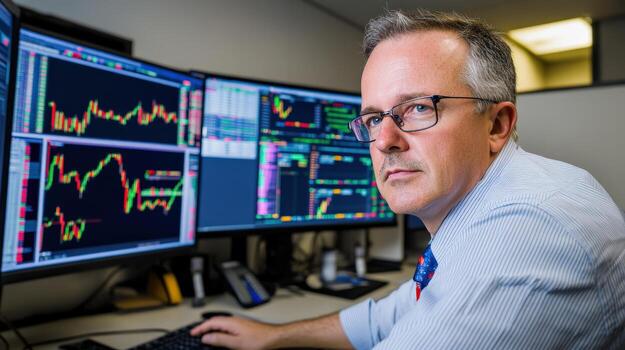 un hombre en lentes sentado a un escritorio con múltiple computadora pantallas foto