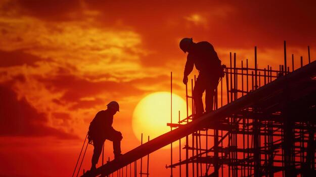 two men working on scaffolding at sunset photo