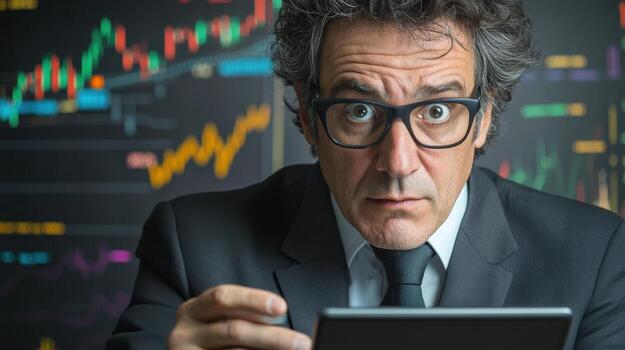 a man in glasses and a suit looking at a tablet photo