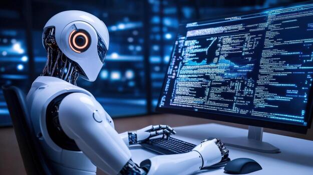 a robot sitting at desk with a computer screen photo