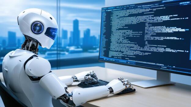 robot sitting at a desk with a computer screen photo