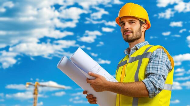 a man in a hard hat holding blueprints photo