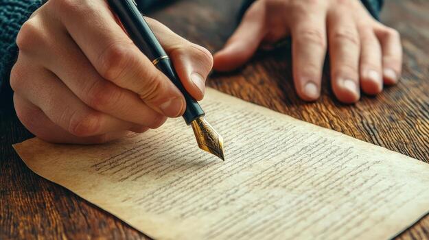man writing a letter on a piece of paper with a fountain pen photo