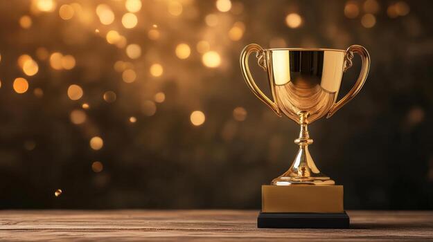 oro trofeo en de madera mesa con bokeh antecedentes foto