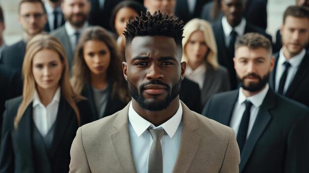 a man in suit and tie standing in front of a large group of people photo