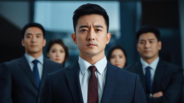 man in suit and tie standing in front of a group of business people photo