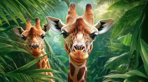 two giraffes are standing in the jungle photo