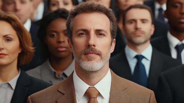 a man with a beard and mustache is standing in front of a group of people photo