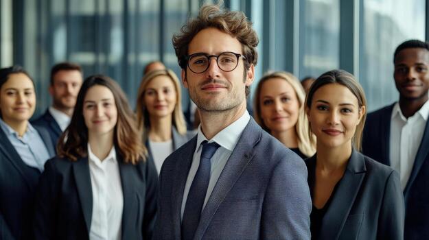 a man in a suit and glasses standing in front of a group of business people photo