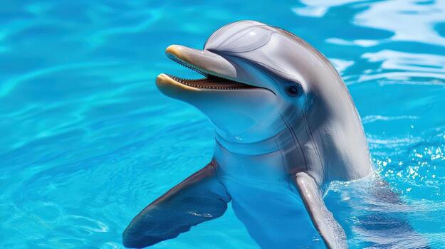 a dolphin is smiling in the water photo
