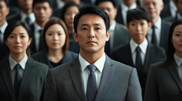 asian business man in suit and tie standing in front of a crowd of business people photo