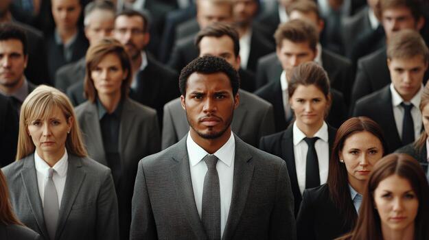 a man in a suit and tie standing in front of a large group of people photo
