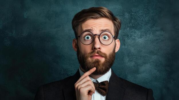 un hombre con un barba y lentes es mirando arriba foto
