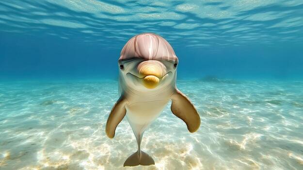 a dolphin swimming in the ocean with its head above the water photo