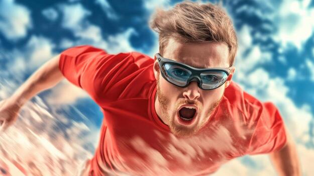 a man in goggles is running in the air photo