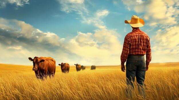 a man in a cowboy hat is standing in a field with cattle photo