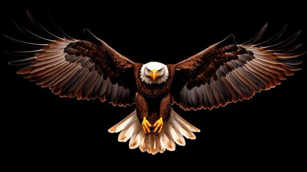an eagle is flying in the air with its wings spread photo