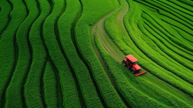 a tractor driving through a green rice field photo