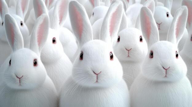 many white rabbits are standing in a row photo