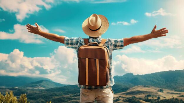 man with backpack and hat standing on top of a mountain with his arms outstretched photo
