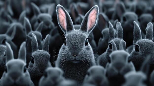a large group of rabbits in a dark room photo