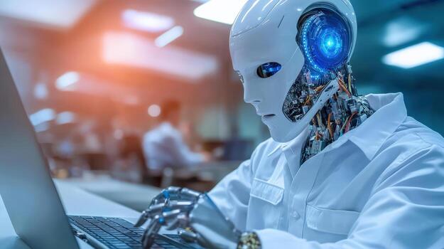a robot is working on a laptop computer photo