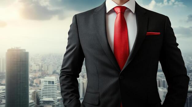 a man in a suit and tie standing in front of a cityscape photo
