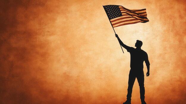a man holding an american flag in front of an orange background photo