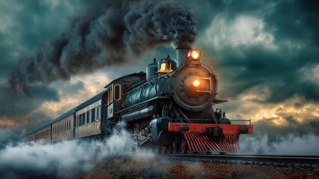 a steam train is traveling through the sky with smoke coming out of it photo