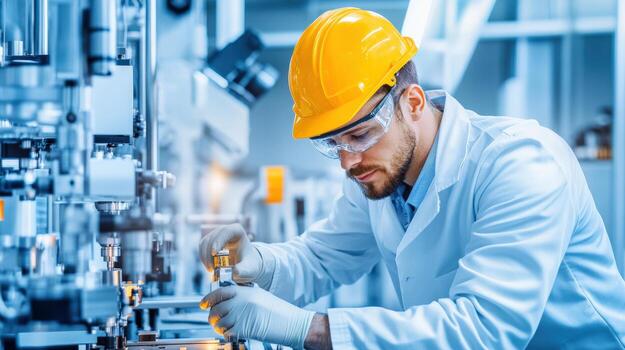 a man in a white lab coat working on machinery photo